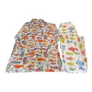 Fresh Produce XL Fish School Pjs Cotton Tunic Button Shirt + Capri Pants Vintage
